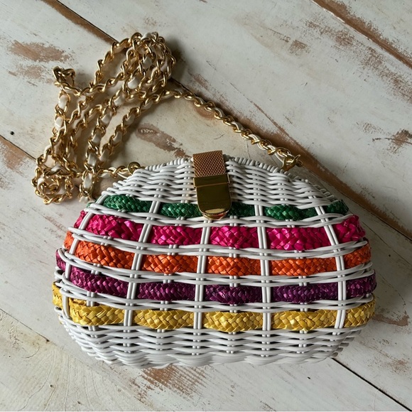 Vintage 70s purse picnic basket style plastic coated wicker shoulder bag EUC - Picture 3 of 15